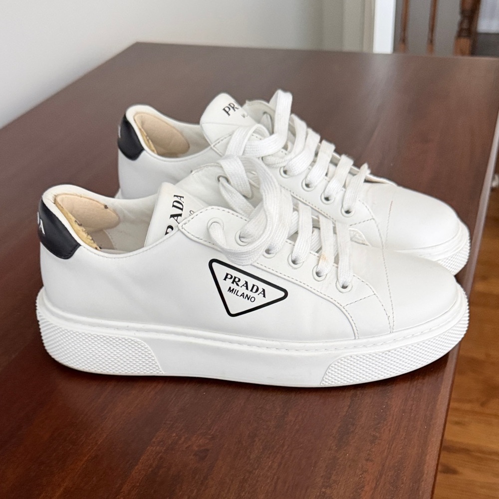 Prada White Leather Low-Top Sneakers with Black Heel - Picture 1 of 6